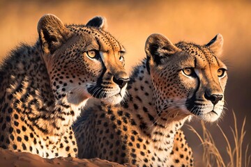 Couple of cheetah curious in the wild looking at the camera. Generative AI