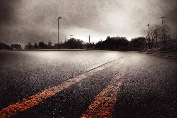 Low angle of horror spooky country road or asphalt urban highway going into the distance atmospheric nightmare mood grunge abstract background. Foggy avenue roadside wallpaper., created with