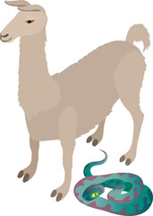 Animal concept icon isometric vector. White standing llama near big purple snake. Biological diversity concept