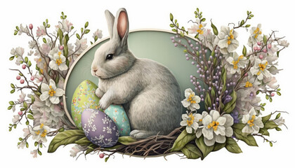 Easter bunny with eggs and flowers. Generative AI