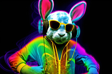 Psychedelic easter bunny DJ with headphones and sunglasses, created using Generative AI