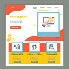 Self service flat landing page website template. Conversion process, customer relationship, knowledge base. Web banner with header, content and footer. Vector illustration.