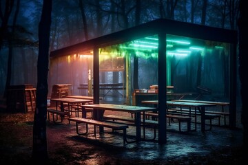 Fototapeta na wymiar Empty cafeteria with neon lights, in the middle of the misty forest after rain, made with help of Generative AI