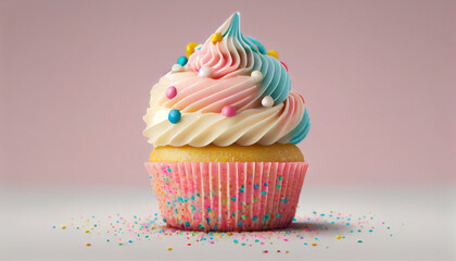 Cute cupcake with vibrant pink icing and decoration ,generative AI