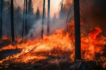 Raging fire in the forest with huge flames and thick smoke