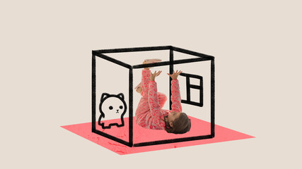 Conceptual art collage of little cute girl wearing pink pajamas, laying at tiny sketch box and feeling pressure. Concept of inner world, dreams, child psychology