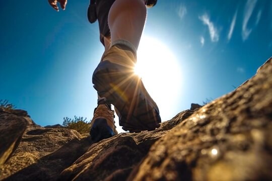Man climbing mountains, low angle shot of climbing shoes,  made with help of Generative AI