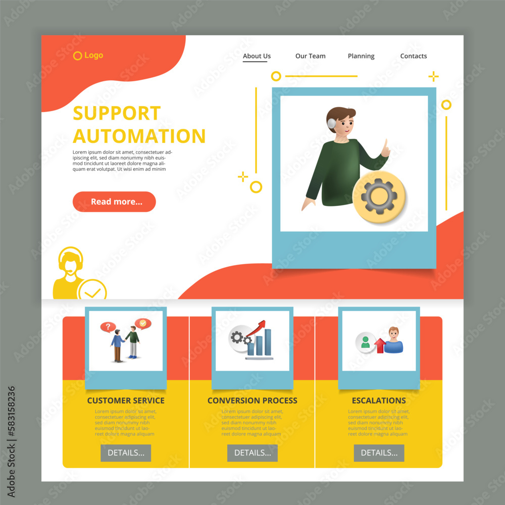 Poster support automation flat landing page website template. customer service, conversion process, escalat