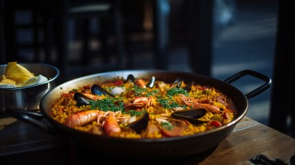 Spanish paella with rice and seafood in a big round pan on dark background