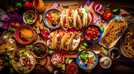 Fototapeta premium Taco feast with vegetables, salsa, meat, beans on the table, created using Generative AI