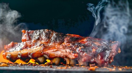 BBQ smoked ribs with a dark background, created with help of Generative AI