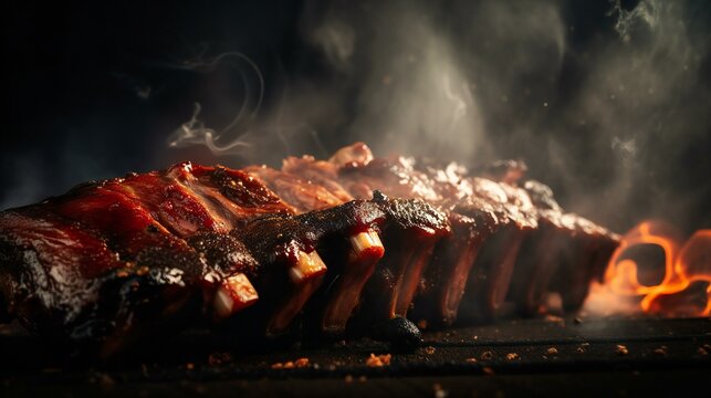 BBQ smoked ribs with a dark background, created with help of Generative AI