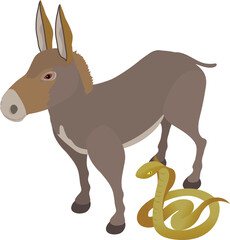 Fauna concept icon isometric vector. Standing gray donkey near king cobra icon. Biological diversity concept