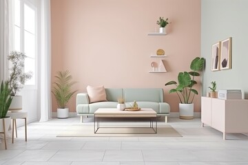 The interior of a minimalist living room in plain pastel colors with furniture and plants in the room. Generative AI