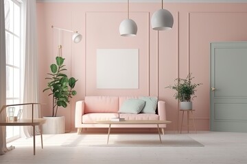 Living room interior in plain pastel colors with furniture and indoor plants. Generative AI