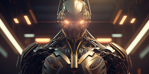 Metallic cyberpunk robot glowing eyes. Generative AI
