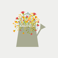Flower bouquet in a watering can. Vector illustration. 