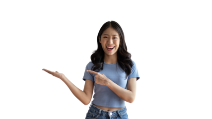 Asian woman with holding copyspace imaginary on the palm to insert an ad, Showing copyspace pointing, Showing her hand to present something on png file.