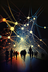 Earth surrounded by digital pattern with crowd of people in front of it.