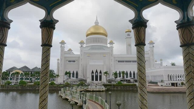 Frame at Masjid Sultan Omar Ali Saifuddin Mosque and royal barge in Bandar Seri Begawan, Brunei Darussalam.