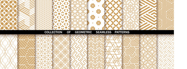 Geometric set of seamless gold and white patterns. Simpless vector graphics