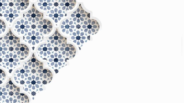 Bue traditional Moroccan pattern, geometric stars. Moving arabesque tiles through cut out window ornaments. White background.. Ramadan, Eid ul Adha, Eid ul Fitr graphic animation, loopable design.
