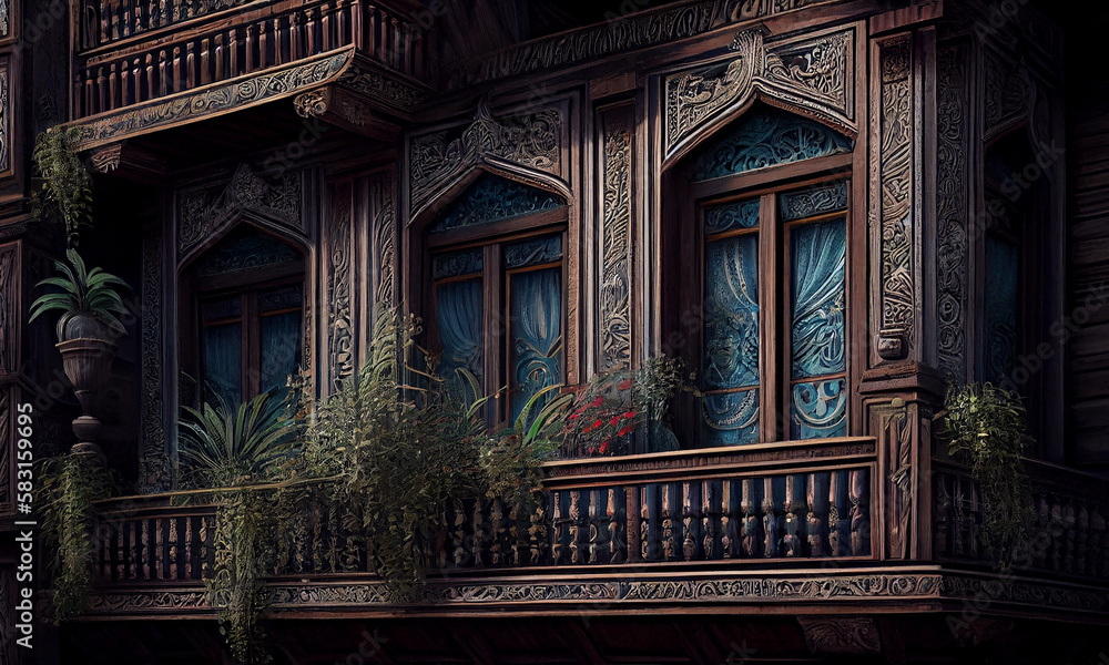 Poster ancient architecture blends with nature in ornate design ,generative ai