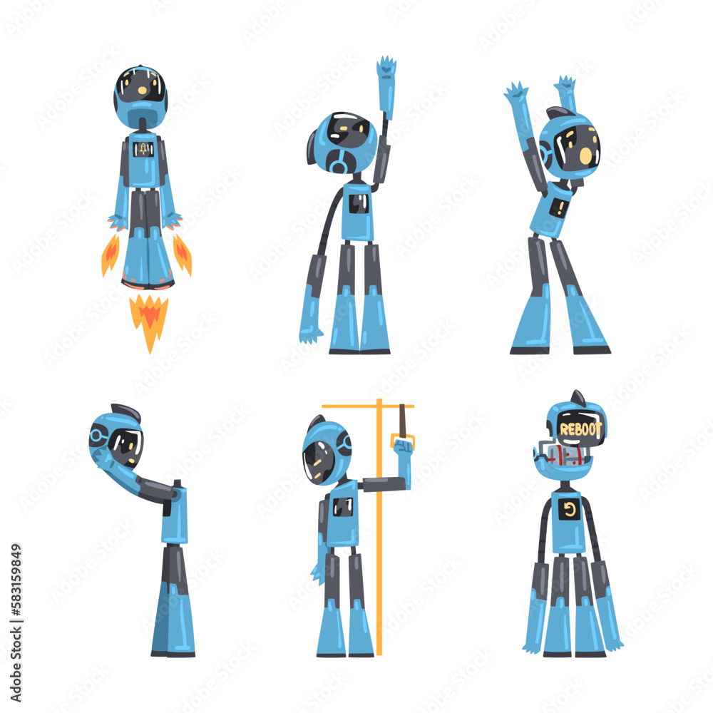 Aufkleber funny blue robot character engaged in different activity vector set