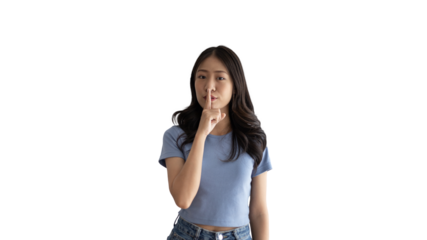 Asian woman doing silent gesture with finger, Noiseless symbol, Noisy mall, Hide a secret, Do not speak. shut your mouth, Noiseless signal transmission, Isolated on PNG file.