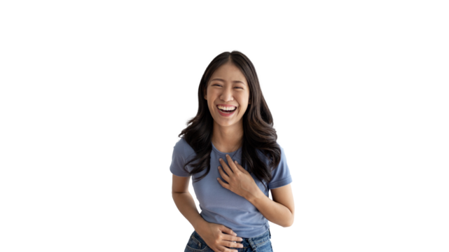Asian woman laughing happily on PNG file, Happiness through laughter, Funny, Copy space, Portrait, Advertising text area, Isolated on PNG File.