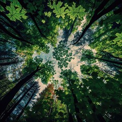 Bottom view of tall old trees in evergreen forest create with generative ai technology.