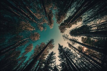Bottom view of tall old trees in evergreen forest create with generative ai technology.