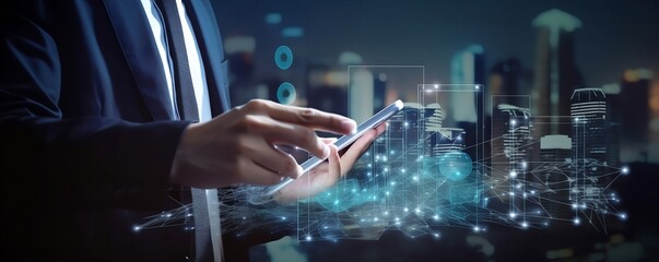 A businessman is utilizing a digital tablet to access a global network and execute a digital marketing plan, which is an illustration of the concepts of global business, digital marketing, internet co
