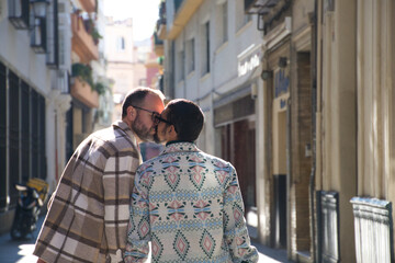 A young gay male couple walks down a street with their suitcases. The couple goes on a trip. The photo is taken from behind and they are kissing. Vacation and travel concept.