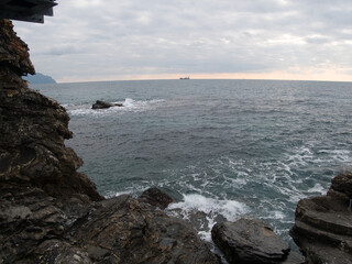 Ligurian sea. On the shores of Nervi (municipality of Genoa), Italy.