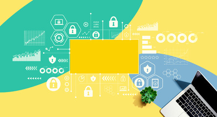 Cyber security theme with a laptop computer on a yellow, green and blue pattern background