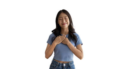 Woman smiling happily isolated on png file background, Woman loves and rejoices herself, Contented, Pure love, Love myself, Proud of yourself, Self-made happiness, Painting Therapy with a smile.