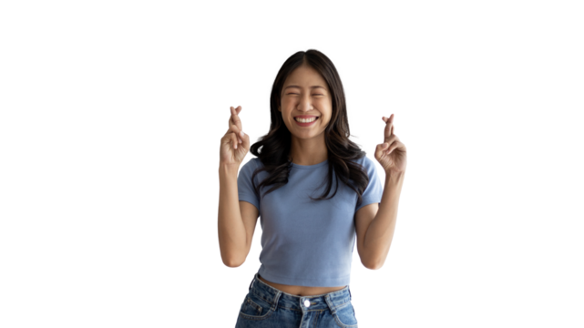 Young Asian woman making a symbolic gesture with fingers crossed showing good luck, White lie gesture, Fingers crossed, Woman doing hand sign on PNG file, Superstitious concept.