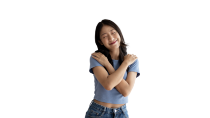 Woman smiling happily isolated on png file background, Woman loves and rejoices herself, Contented, Pure love, Love myself, Proud of yourself, Self-made happiness, Painting Therapy with a smile.