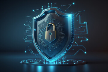 Fototapeta premium Security data cyber lock concept. Secure anti virus digital computer protection. Cybersecurity firewall crime prevention. Ai generated