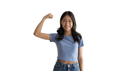 Woman flexing her muscles, Young Asian woman shows off her strength by flexing her jaw and showing off her power, Healthy, Happiness of your choice, PNG file.