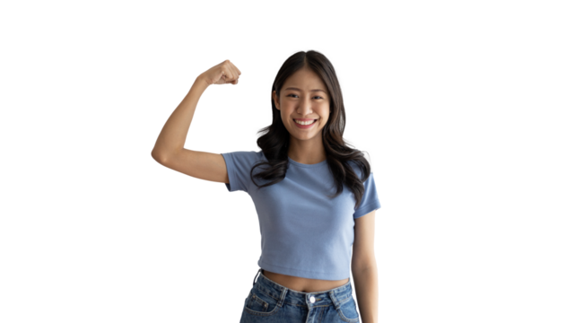 Woman flexing her muscles, Young Asian woman shows off her strength by flexing her jaw and showing off her power, Healthy, Happiness of your choice, PNG file.