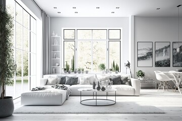 Fototapeta na wymiar Modern Living Room Luxury: Contemporary White Furniture and Sofa in a Residential Apartment, Generative AI