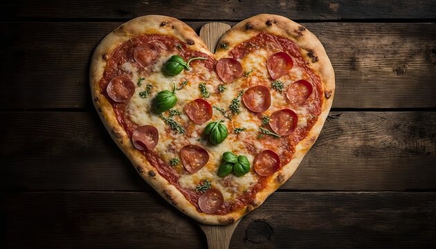 Romantic Valentine's Night with Heart-Shaped Pizza: Unhealthy But Delicious Baked with Salami and Cheese on a Wooden Background. Generative AI