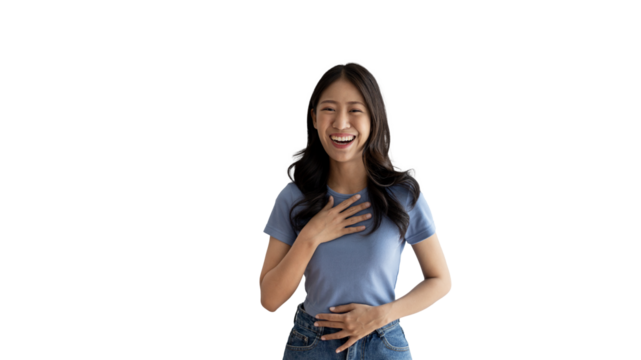 Woman smiling happily isolated on png file background, Woman loves and rejoices herself, Contented, Pure love, Love myself, Proud of yourself, Self-made happiness, Painting Therapy with a smile.