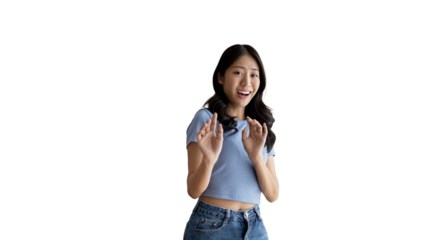 Young woman making hand sign to stop behavior or gesture that suggests unethical and illegal behavior, Reminders to stop exercising help, Woman isolated on png file, Prohibit, Hinder, Hamper.