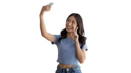 Cheerful young woman taking a selfie with a mobile phone and raising two fingers, Portrait of happy girl with bright face isolated on PNG, Take a photo, PNG file.
