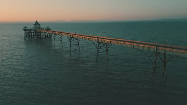 Aerial view of old Victorian ocean pier in Clevedon, Somerset, England