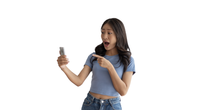 Woman pointing finger at mobile phone, Point to the mobile phone to recommend applying or registering via the smartphone system or scanning the QR code to receive news before anyone else, Click now.