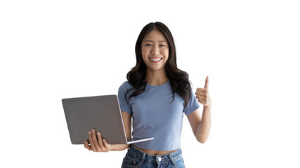Asian woman in casual clothes holding working laptop in freelance work concept with single laptop can earn money, Invitation to apply or register to receive special privileges and prizes.